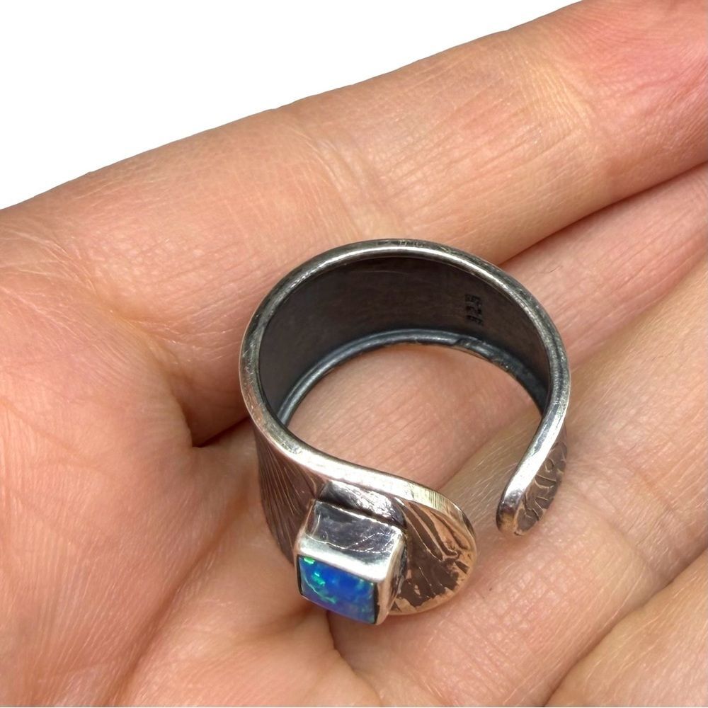 Blue Fire Opal Ring Adjustable 7 7.5 Solid 925 Sterling Silver Wide Band - Picture 7 of 7